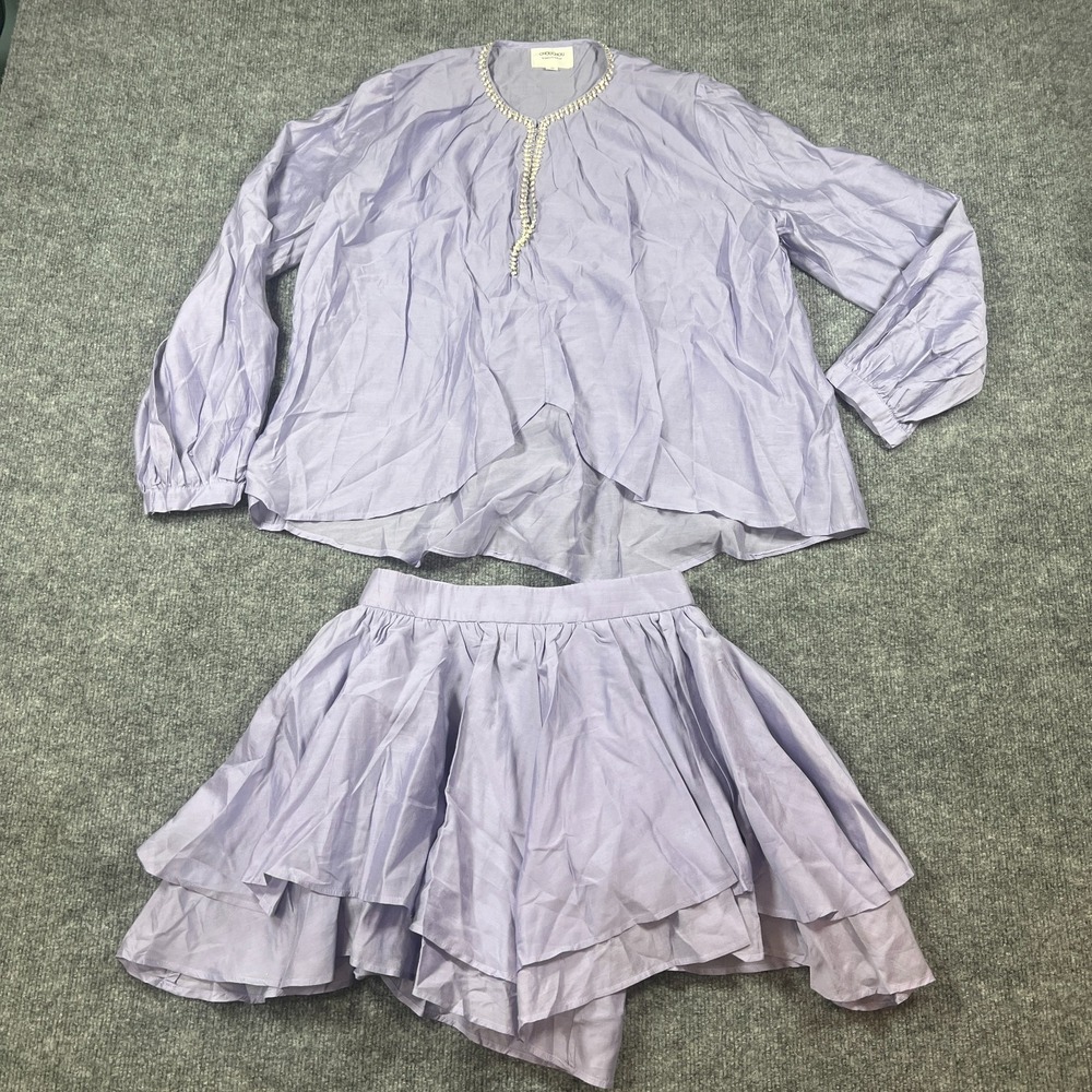 Chouchou Blouse & Skirt 2 Piece Set Womens Small Lilac Pearl Trim‎ Ruffle Hem
